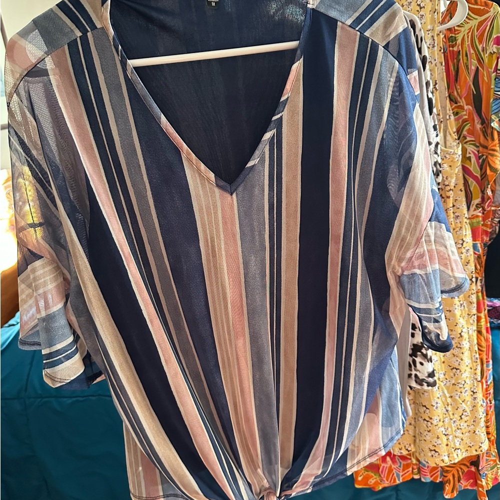 Cocomo Blue and Pink Striped V-Neck Blouse